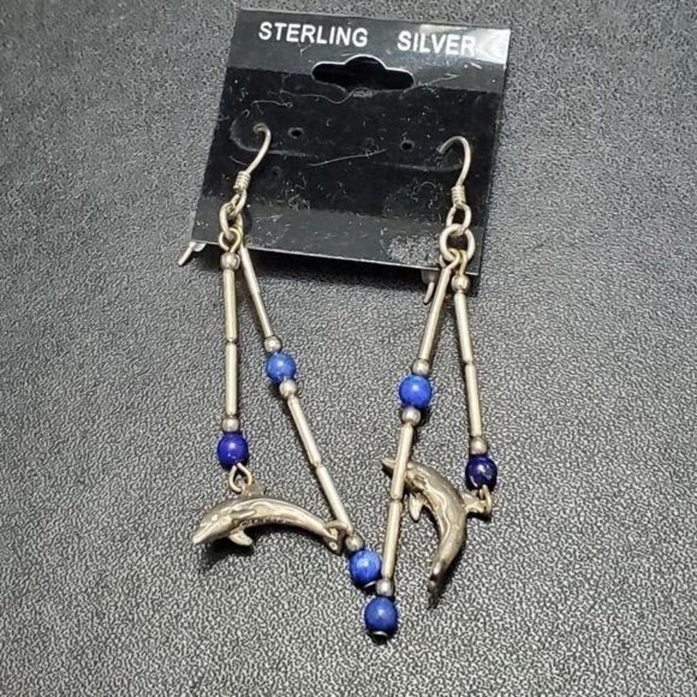*Sale* Sterling Silver Dangling Dolphin Earrings Blue Semiprecious Beads